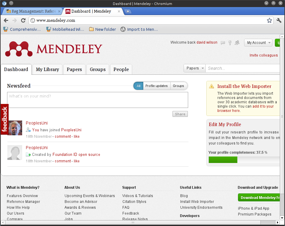 Mendeley dashboard page